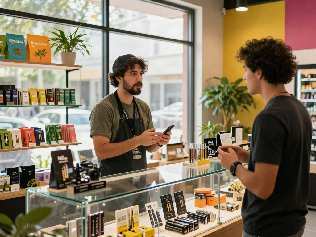 Muha Meds retail scene showcasing cannabis products and engaging customer interaction.