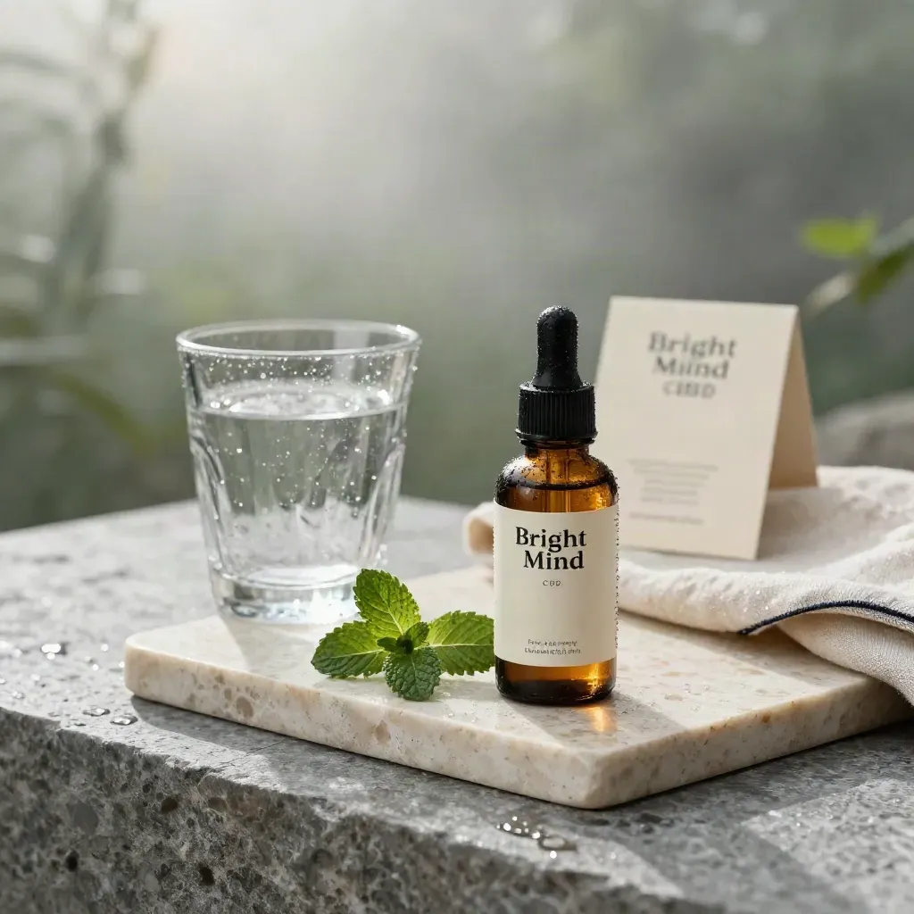 Peppermint CBD tincture bottle on stone with mint, water glass, linen, and dawn mist.
