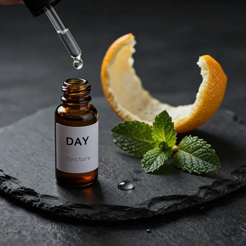Dark CBD tincture bottle with dropper, citrus peel, mint sprig, and stone dish on matte black slate.