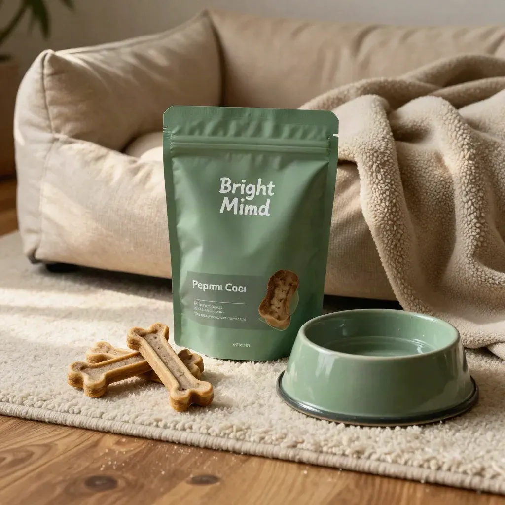 Pouch of pet CBD calm chews beside a green bowl, dog bed and blanket on warm wood.