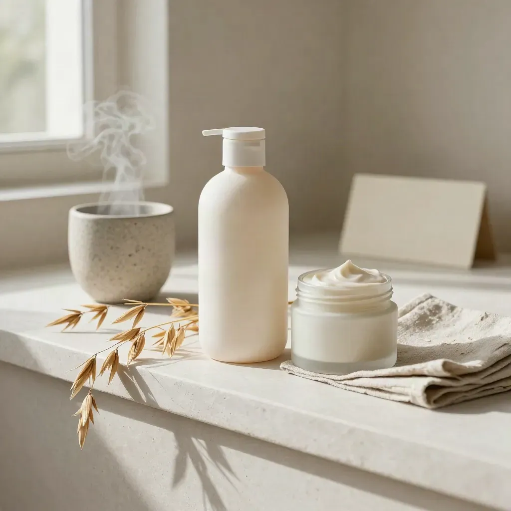 Capsule bottle and jar on a plaster shelf with cup, linen napkin, and oat stems in soft morning light