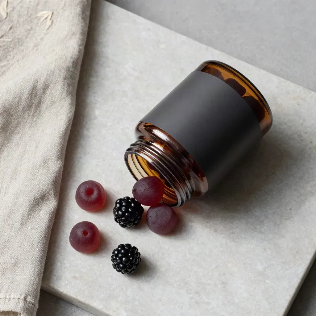 Overhead flatlay of a night gummies jar, loose berry gummies, and folded cloth on pale travertine.