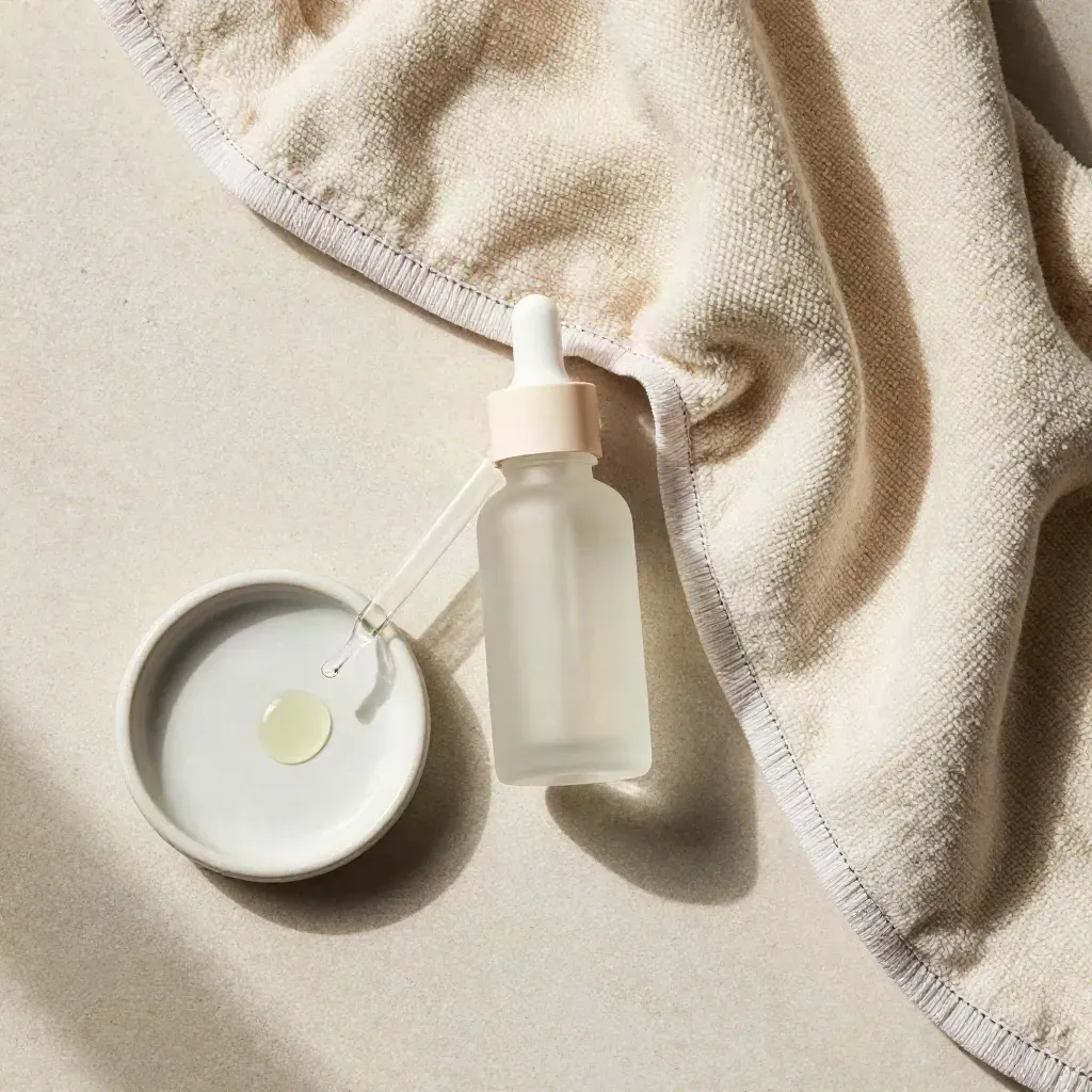 Overhead flat lay of pet oil drops bottle, dropper, dish, blanket and feeding mat edge in cream tones.