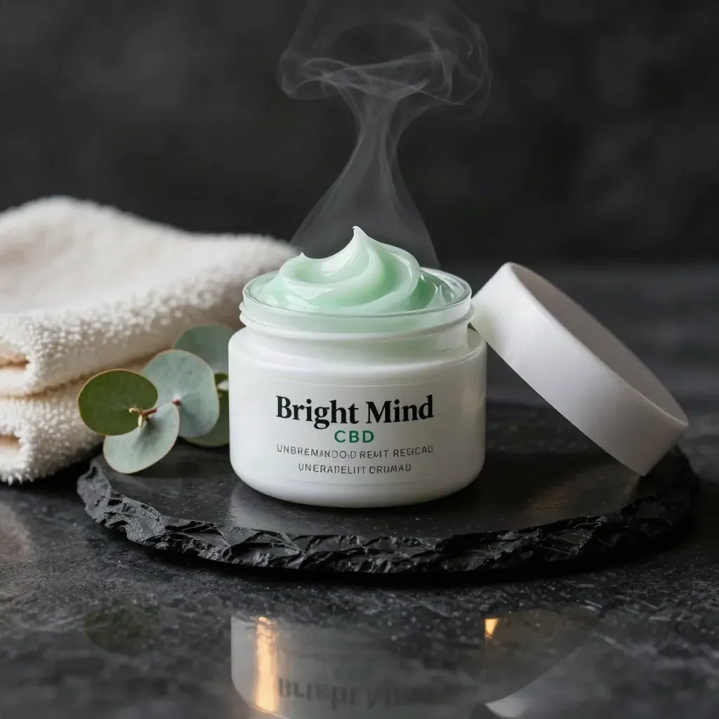 Mint cream jar with swirl, towel, eucalyptus sprig, and dramatic studio lighting
