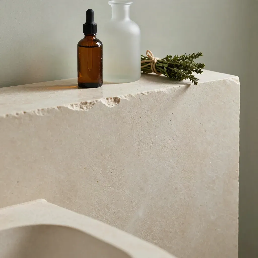 Amber tincture bottle and frosted glass on a damp limestone ledge with herb sprigs