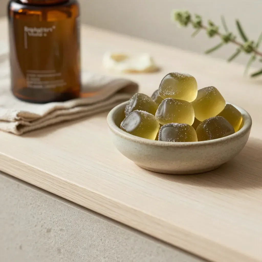 Macro of CBD gummies in a ceramic bowl on a pale wood counter with a blurred herb in warm daylight.